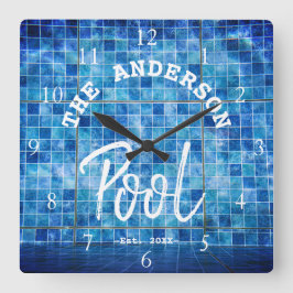 Relógio Quadrado Piscina de Azulejos Azul Esfriante Nome da Família