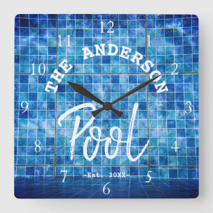 Relógio Quadrado Piscina de Azulejos Azul Esfriante Nome da Família
