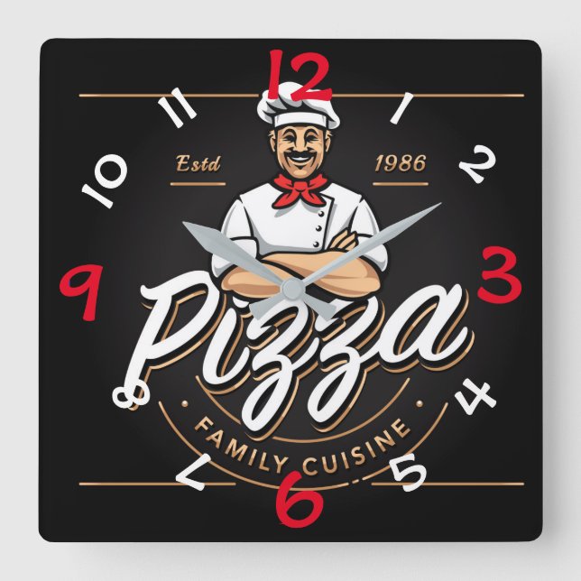 Relógio Quadrado Pizza Design Wall Clock com Números (Frente)