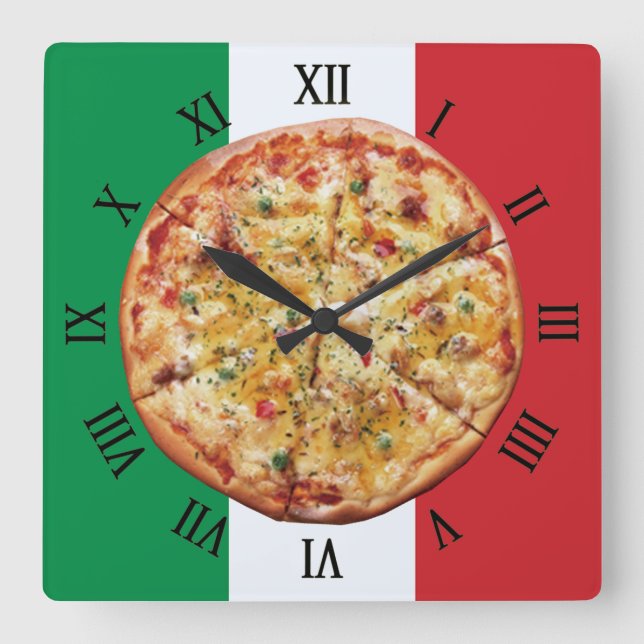 Relógio Quadrado Pizza ~ Roman Numerals ~ Italian Flag ~ (Frente)