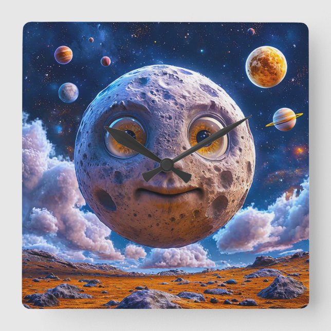 Relógio Quadrado Planetas da galáxia da Lua (Frente)