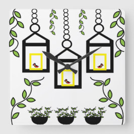 Relógio Quadrado Plantas Verdes Pássaros Padrão Natural