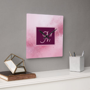 Relógio Quadrado Pó de brilho mármore abstrato feminino rosa menina