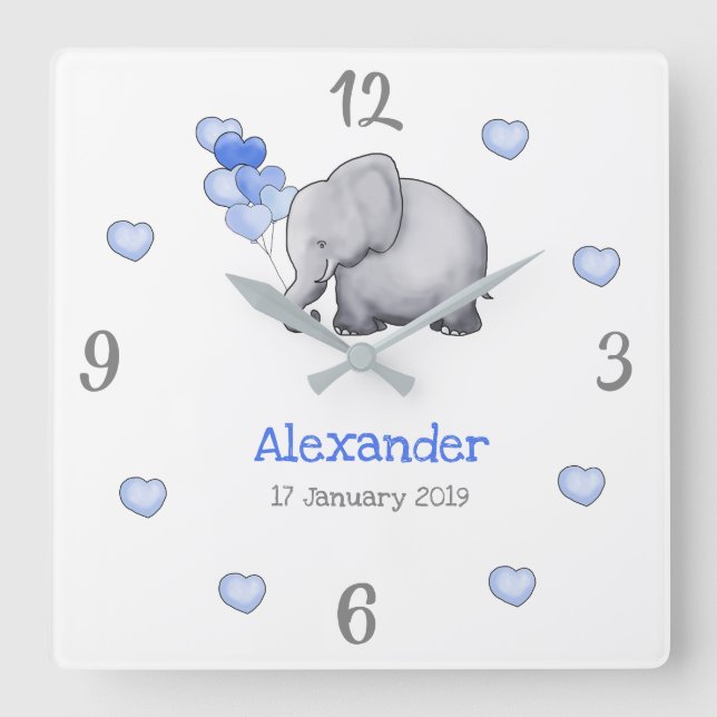 Relógio Quadrado Poetic Baby Balloons Elephant Nursery Personalizad (Frente)
