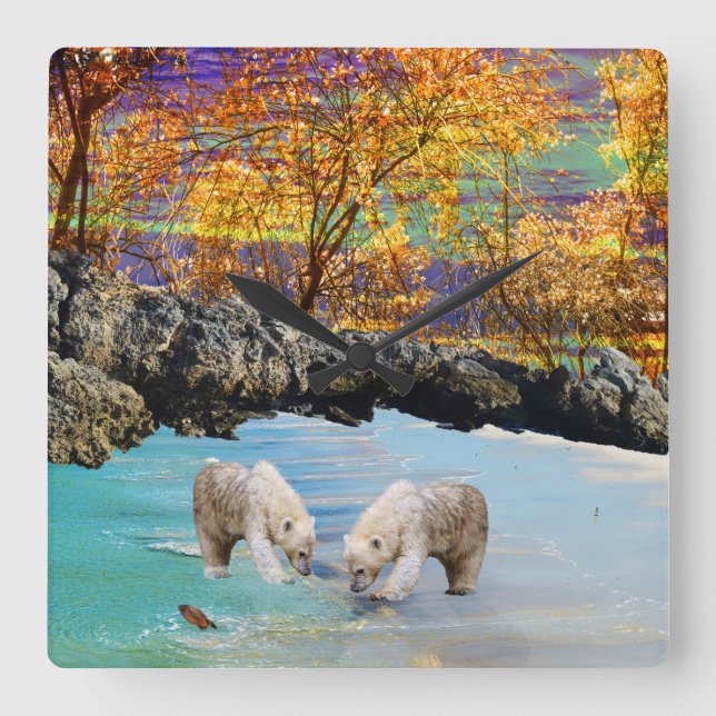 Relógio Quadrado Polar Bear Cubs Pescar; (Frente)