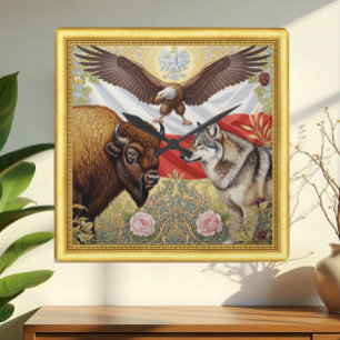 Relógio Quadrado Polônia Patriótico, Bison, Wolf, Eagle, Art Nouvea