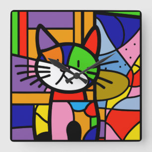 Relógio Quadrado Pop Art Cat Design Vibrante e Feliz