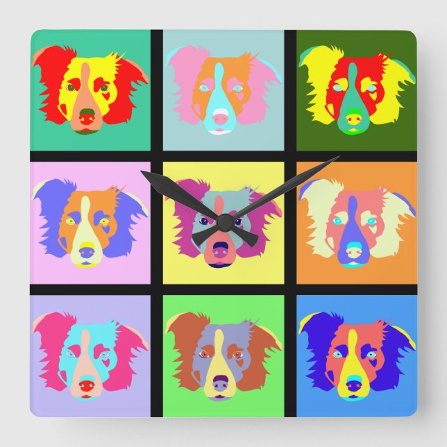 Relógio Quadrado Pop art de border collie (Frente)