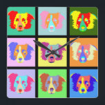 Relógio Quadrado Pop art de border collie<br><div class="desc">Este design colorido do cão de border collie do estilo do pop art é certo iluminar acima de toda a decoração da sala e faria um grande presente.</div>