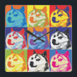 Relógio Quadrado Pop Art Dogecoin<br><div class="desc">Dogecoin Shiba Inu no estilo pop de 1970</div>