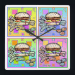 Relógio Quadrado Pop Art HAMBURGER WALL CLOCK<br><div class="desc">HAMBURGER pop com FRIES. Um gráfico clássico do estilo pop da All American Burger & French Fries - Um pão de semente de sésamo e batatas fritas de picles como lados! Retro e divertido,  perfeito para restaurantes,  jantares e cozinha doméstica.</div>