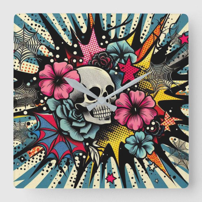 Relógio Quadrado Pop Art Skull (Frente)