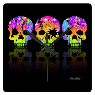 Relógio Quadrado Pop Art SKULLS WALL CLOCK