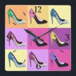Relógio Quadrado Pop Art Stiletto Pumps / Calçados / Quadrado de Al<br><div class="desc">Relógio na impressão "Glorificação do Stiletto" - Pop-Art renderização da amada bomba estiletto</div>