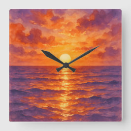 Relógio Quadrado Pôr do Sol Ardente - Estilo de Pintura em Aquarela