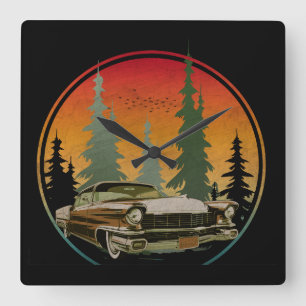 Relógio Quadrado Pôr do sol Carro Clássico Vintage Natureza Florest