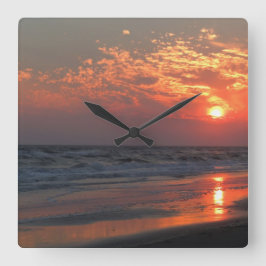 Relógio Quadrado Por do sol do oceano - ilha do carvalho, NC
