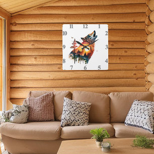 Relógio Quadrado Pôr do sol dupla exposição lobo uivando