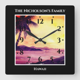 Relógio Quadrado Pôr do sol em trópicos pintando a aquarela em pret