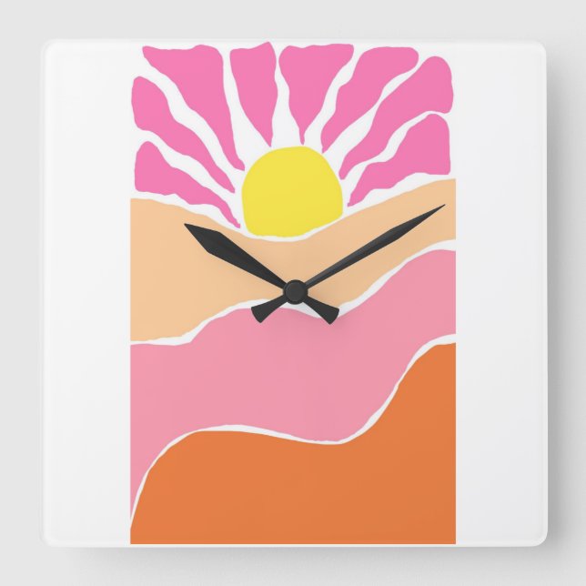 Relógio Quadrado Pôr do sol laranja e rosa pálido Boho  (Frente)