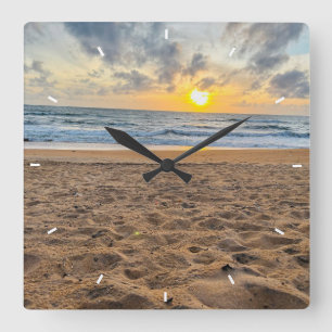 Relógio Quadrado Pôr do Sol na Praia Oceano Decoração Costeira Pres