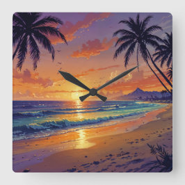Relógio Quadrado Pôr do Sol na Praia Tropical - Arte em Estilo de I