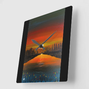 Relógio Quadrado Pôr do sol sobre o lago Canyon pintura de Alfred F