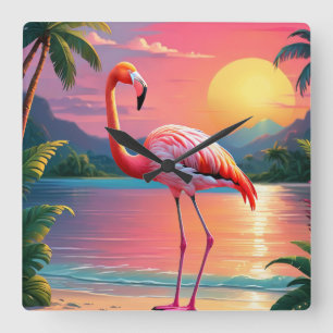 Relógio Quadrado Pôr do sol tropical do flamingo na praia