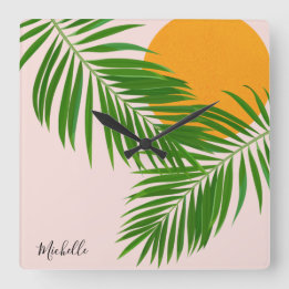 Relógio Quadrado Pôr do Sol Tropical Retro Folhas de Palmeira Nome