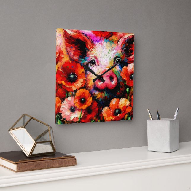 Relógio Quadrado Porco Impressionista em Flores Vermelhas (Escritório)