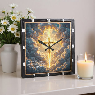 Relógio Quadrado Porta do Céu Crucifixo Dourado Jesus Revelação 21: