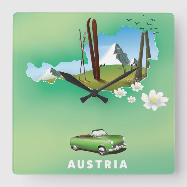 Relógio Quadrado Poster de viagens de Esqui Áustria (Frente)