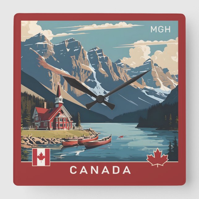 Relógio Quadrado Poster de viagens Personalizado do Monograma Canad (Frente)