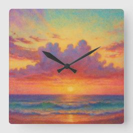 Relógio Quadrado Praia do Pôr do Sol Pastel - Paisagem Marinha em E