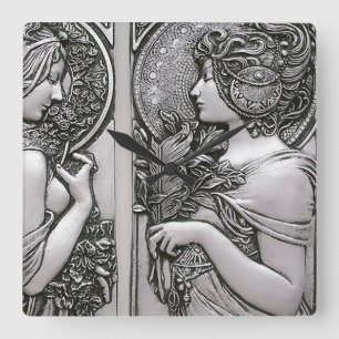 Relógio Quadrado Prata, Art nouveau, design, fêmeas, Mucha, beleza