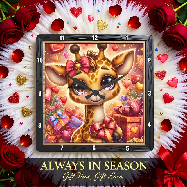 Relógio Quadrado Presente Coração de Girafa Bebê (Criador carregado)