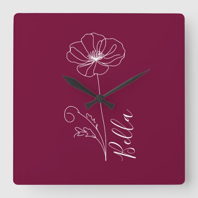 Relógio Quadrado Presente de Flor de Nascimento de Agosto Poppy par (Frente)