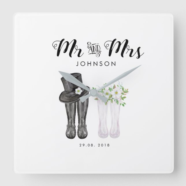 Relógio Quadrado Presente de Natal do Sr. & Sra. Clock Wedding (Frente)