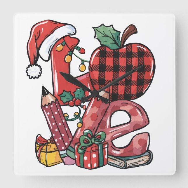 Relógio Quadrado Presente de Professor | Merry Christmas Amor (Frente)