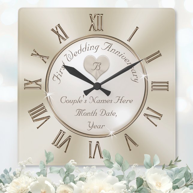 Relógio Quadrado Presentes de aniversário de casamento de um ano mo (1st Wedding Anniversary Clock. 1st anniversary gift for wife, husband. Modern 1st anniversary gifts.)
