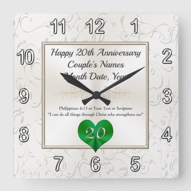 Relógio Quadrado Presentes de aniversário para 20 anos de Casamento (Frente)