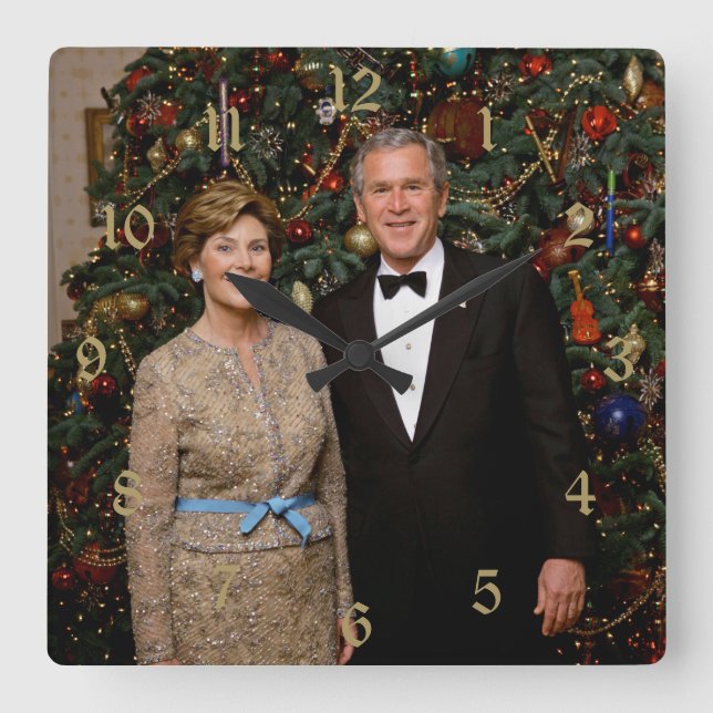 Relógio Quadrado Presidente George Bush, Laura Casa Branca de Natal (Frente)
