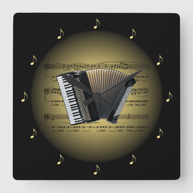 Relógio Quadrado Preto Dourado 3-D BG do ~ da partitura do ~ do (Frente)