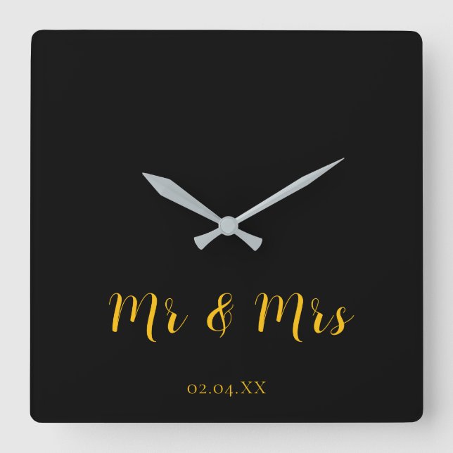 Relógio Quadrado Preto Personalizado com Sr. e Sra. Amarelos (Frente)