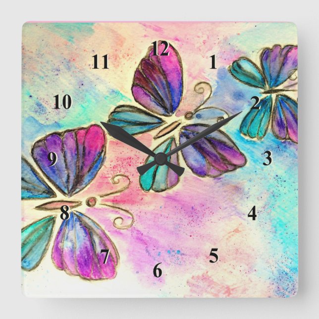 Relógio Quadrado Primavera Borboletas Parede Clock Aquarela (Frente)