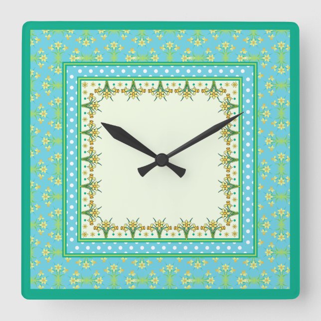 Relógio Quadrado Primavera Daffodils Border e Bolinhas Wall Clock (Frente)