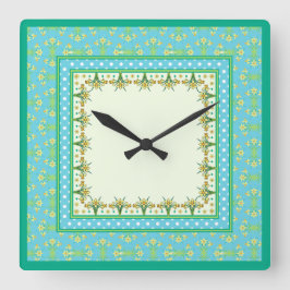 Relógio Quadrado Primavera Daffodils Border e Bolinhas Wall Clock