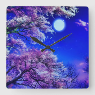 Relógio Quadrado Primavera, lua, céu azul.