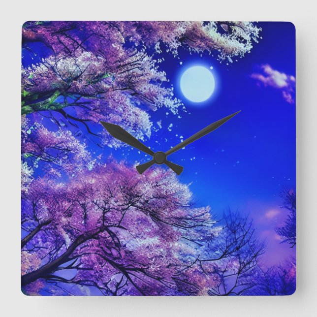 Relógio Quadrado Primavera, lua, céu azul. (Frente)