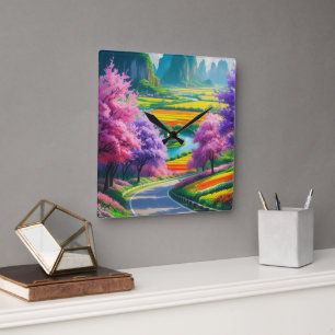 Relógio Quadrado "Primavera Serenity - Eterno Floral Path Wall Cloc